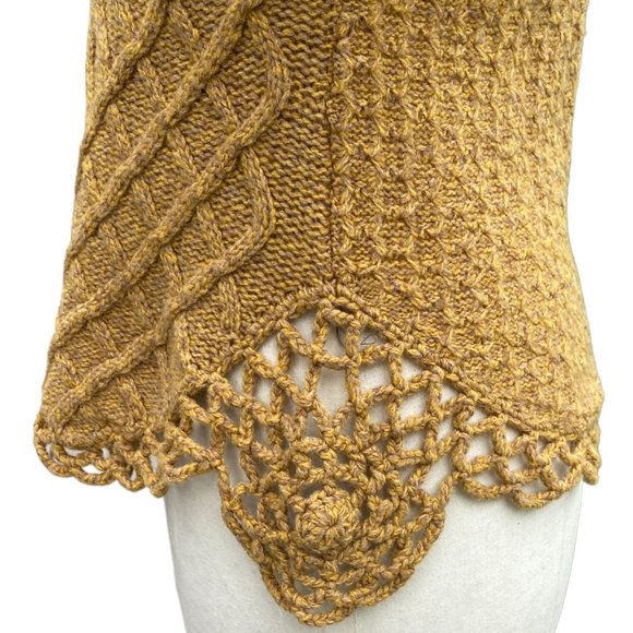 Moth Wool Cable Knit Crochet Asymmetrical Hem Sweater Mustard Artsy Rosette-S - Picture 9 of 16